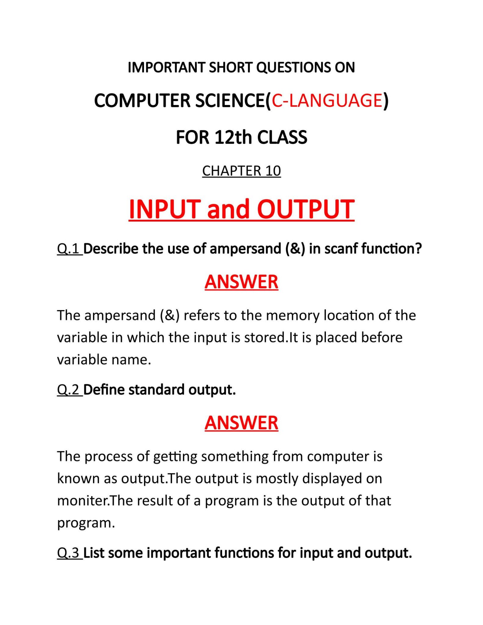C Programming Q&A For 12Th Class - BISE Multan
